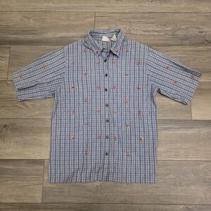 Koret VTG Blue Plaid Button Down Shirt with Red Floral Strawberries Details